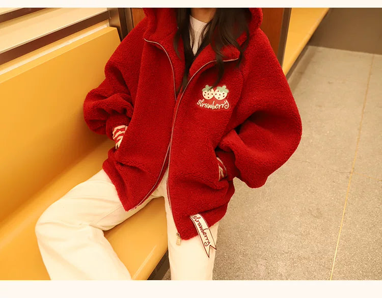 Baozi Pig - Strawberry Head - Plush Hooded Jacket with Strawberry Embroidery