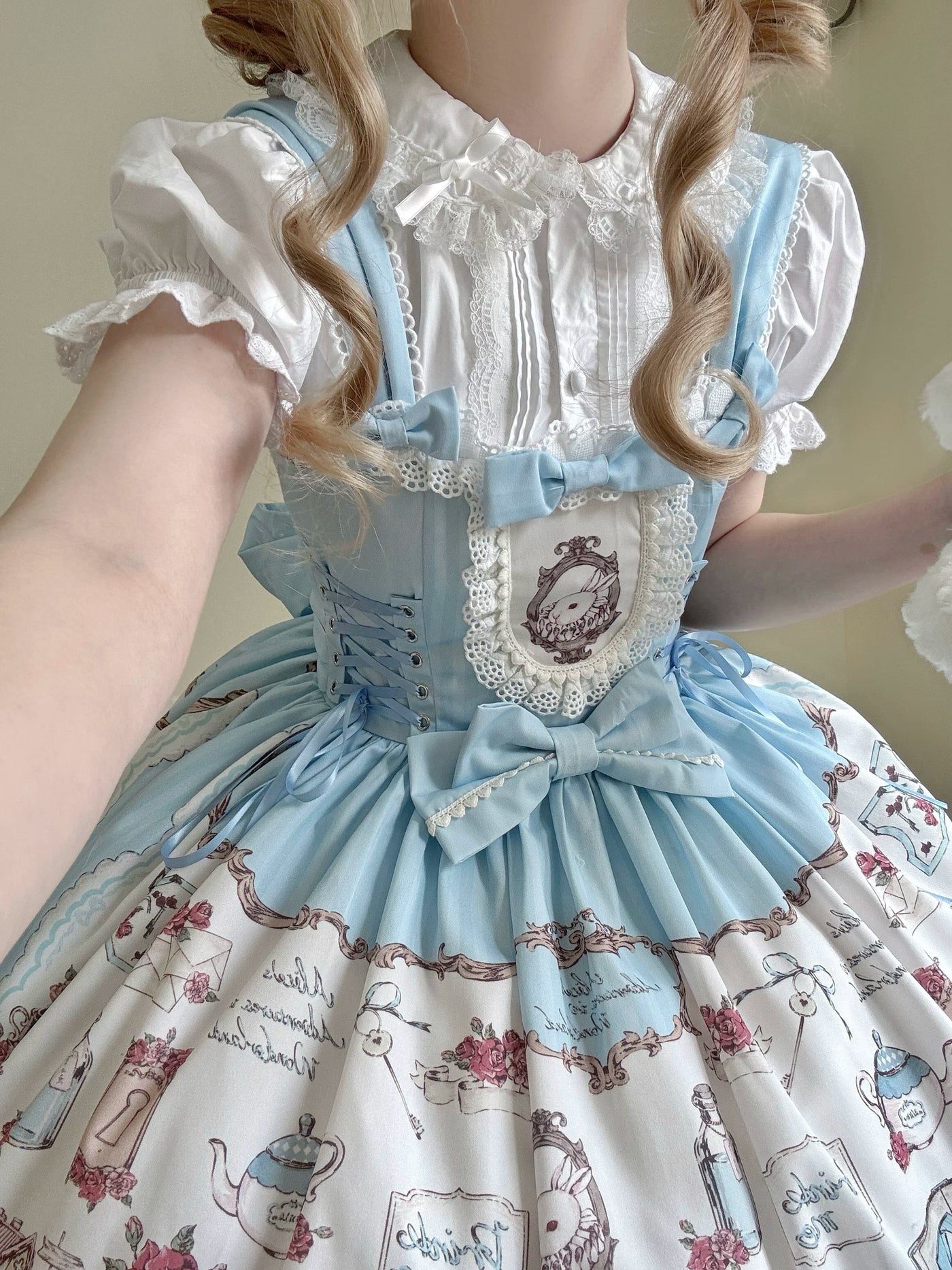 Cat Upon Cat - Rabbit's Collection Box - Rabbit-Print JSK Dress with Lace Bib