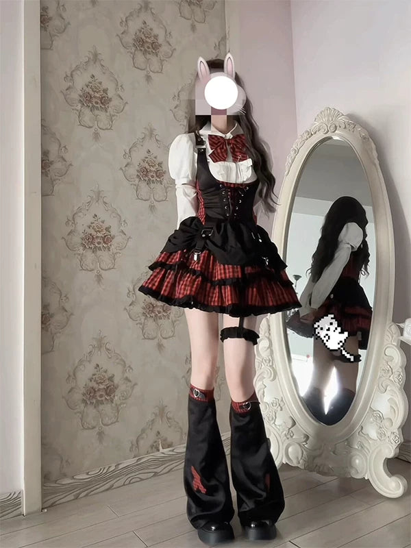Creamy - Cherry Rock Idol - Black and Red Lolita Outfit Set with Leg Warmers