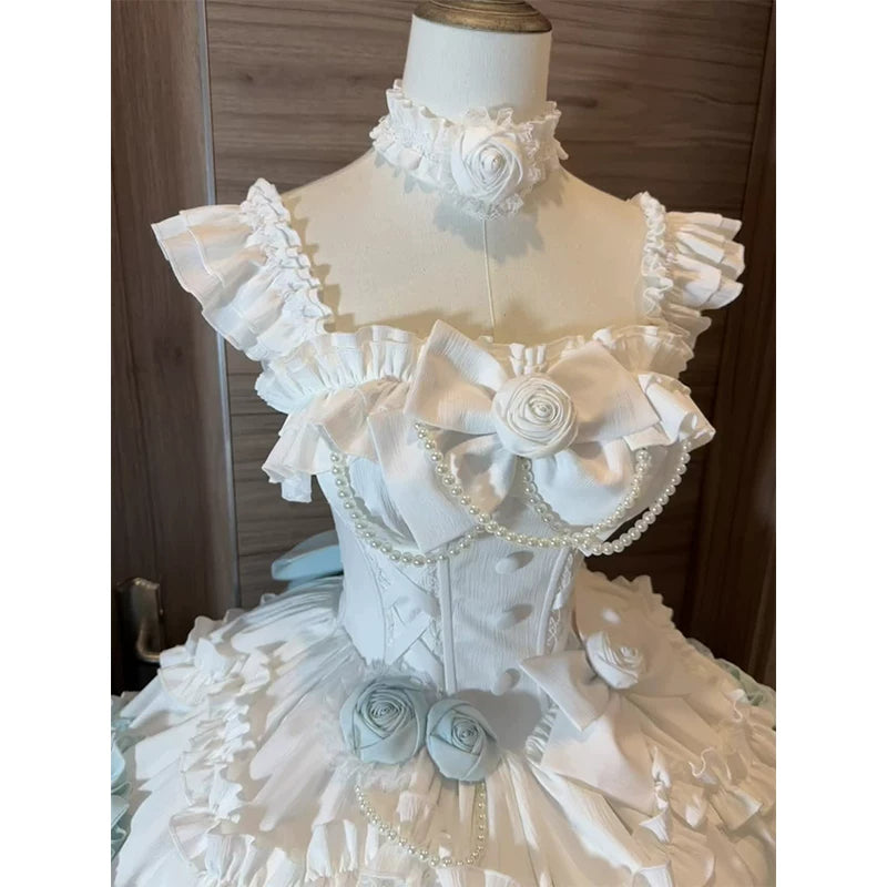 Creamy - Mint Rose Cascade - JSK with layered ruffles and a trailing skirt