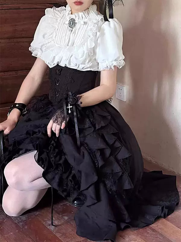 Creamy - Manor Gothic - Blouse and Suspender Skirt Set with a Ruffled White Blouse