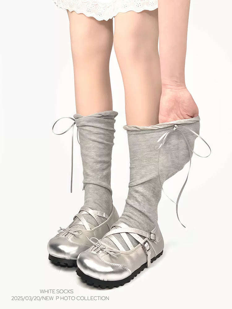 White Socks - Ballet Bow - Scrunched Calf Socks with Tie Ribbons