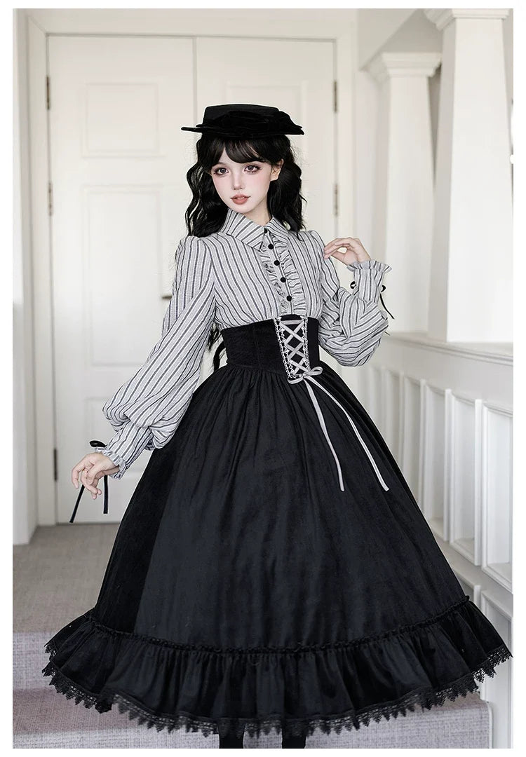 With PUJI - Dusk Moment - Classic Lolita Striped OP & Mermaid Dress Set, Fishbone Waist