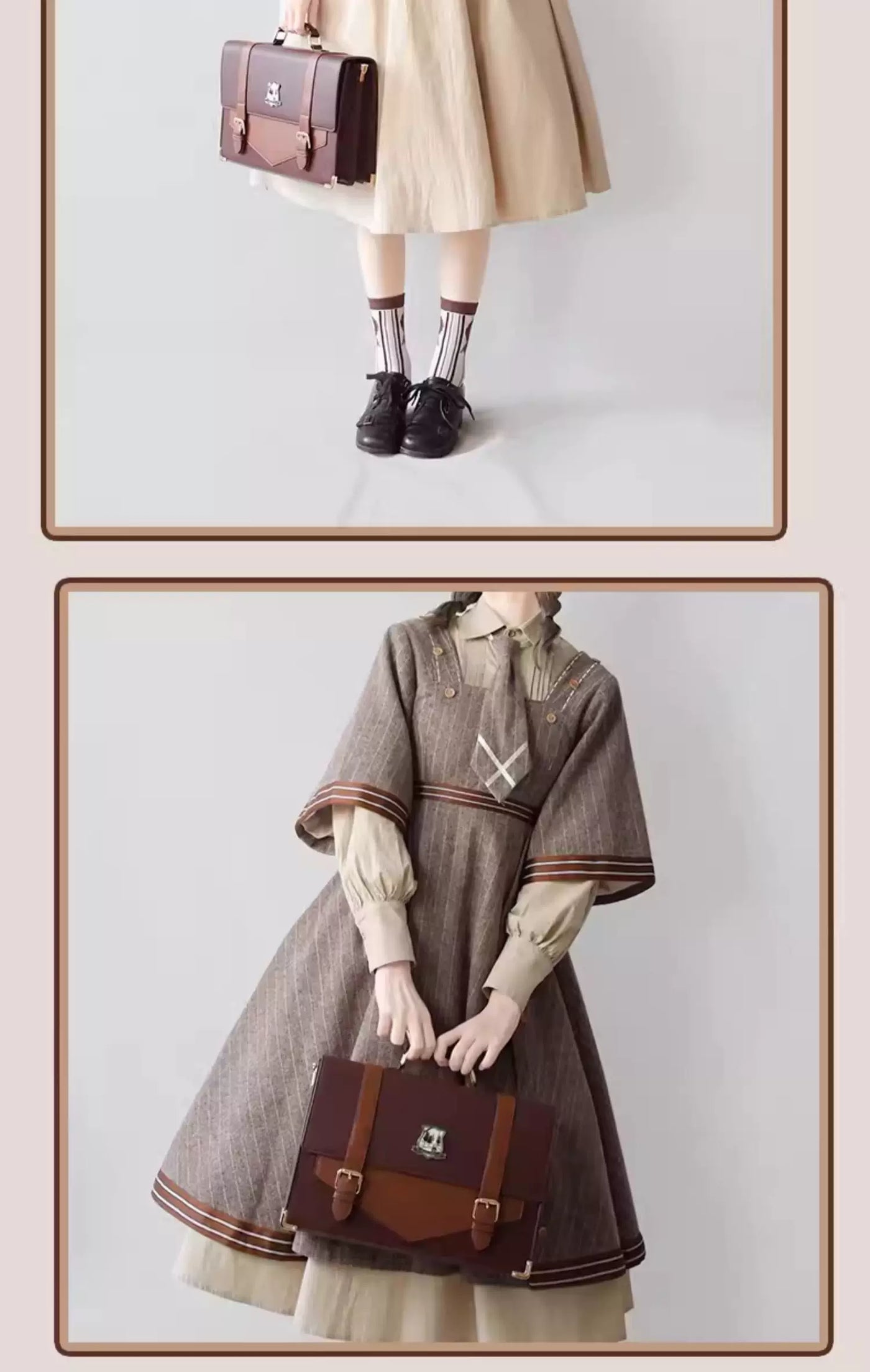 Baozi Pig - Detective Era - One-Piece Dress and Woolen Coat Set with Pinstripes