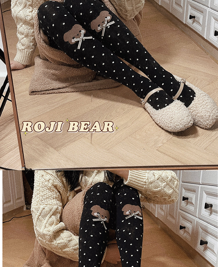 Roji Roji - Bear Dots Bow Cotton Lolita Thigh - Stockings Socks