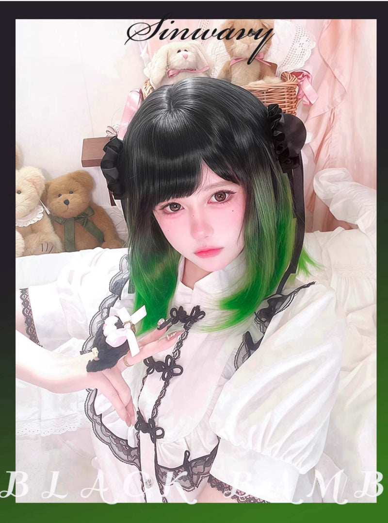 Black-green gradient short straight wig - view 4