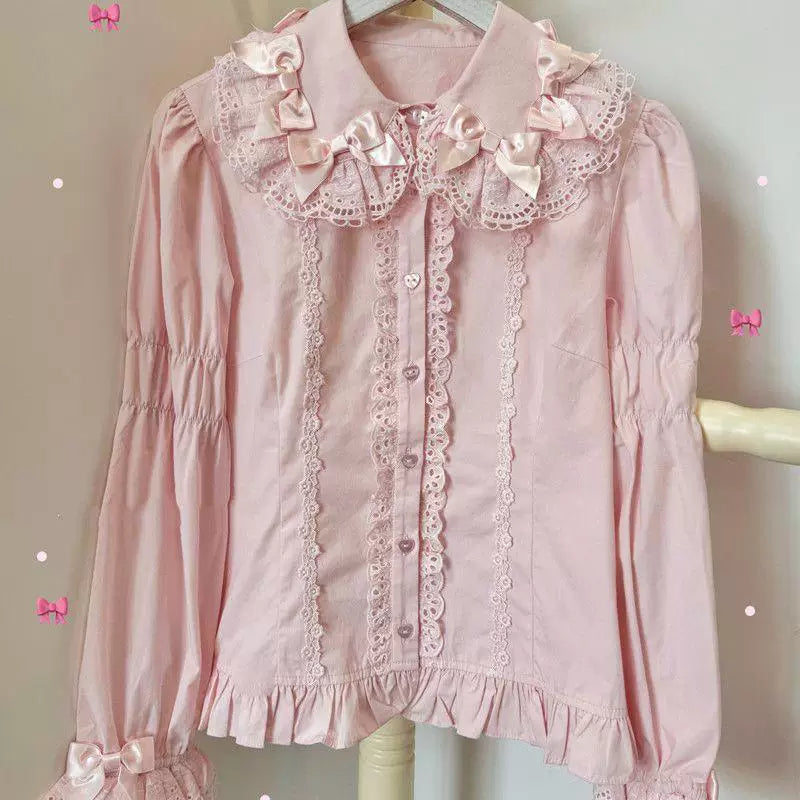 Sweetheart Dream Machine - Vintage Doll Collar - Blouse with Lace Trim, Bow Accents and Ruffled Hem