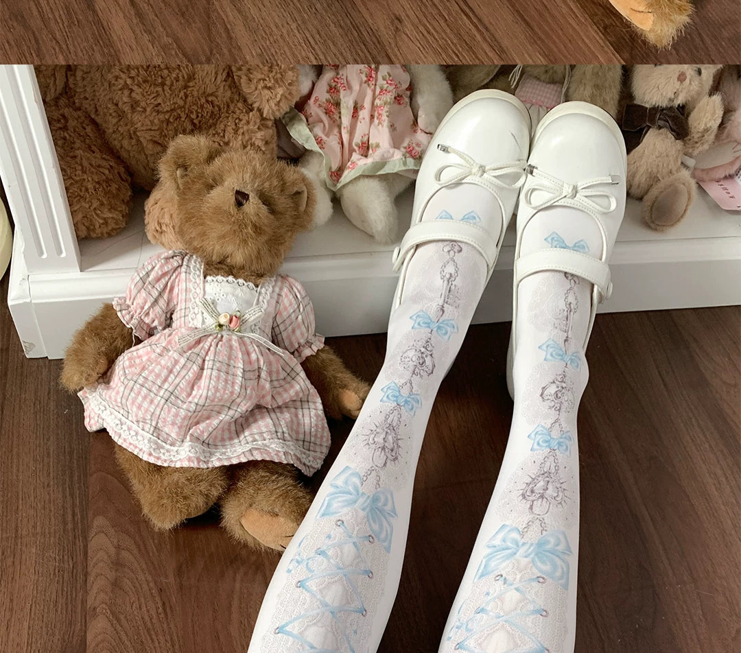 roji roji - Heart-Lock Ribbon - Printed Tights with Heart-Lock Motifs and Bow Accents