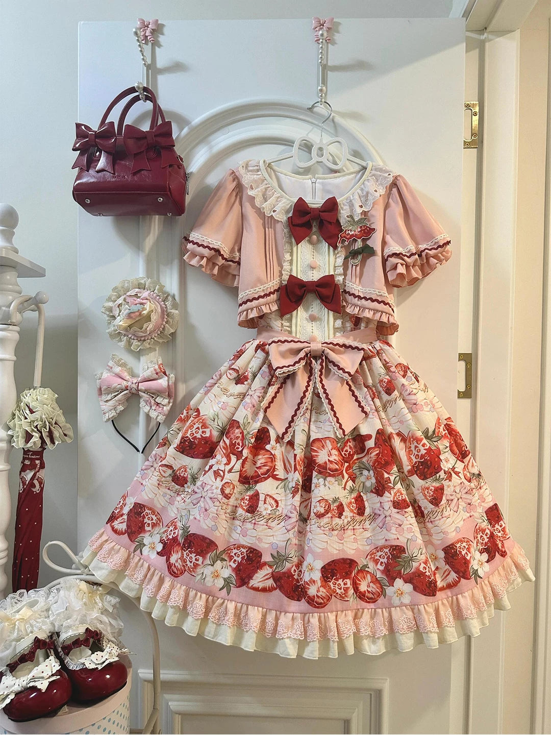 Creamy - Strawberry Afternoon - Faux Two-Piece OP Dress with Strawberry Print