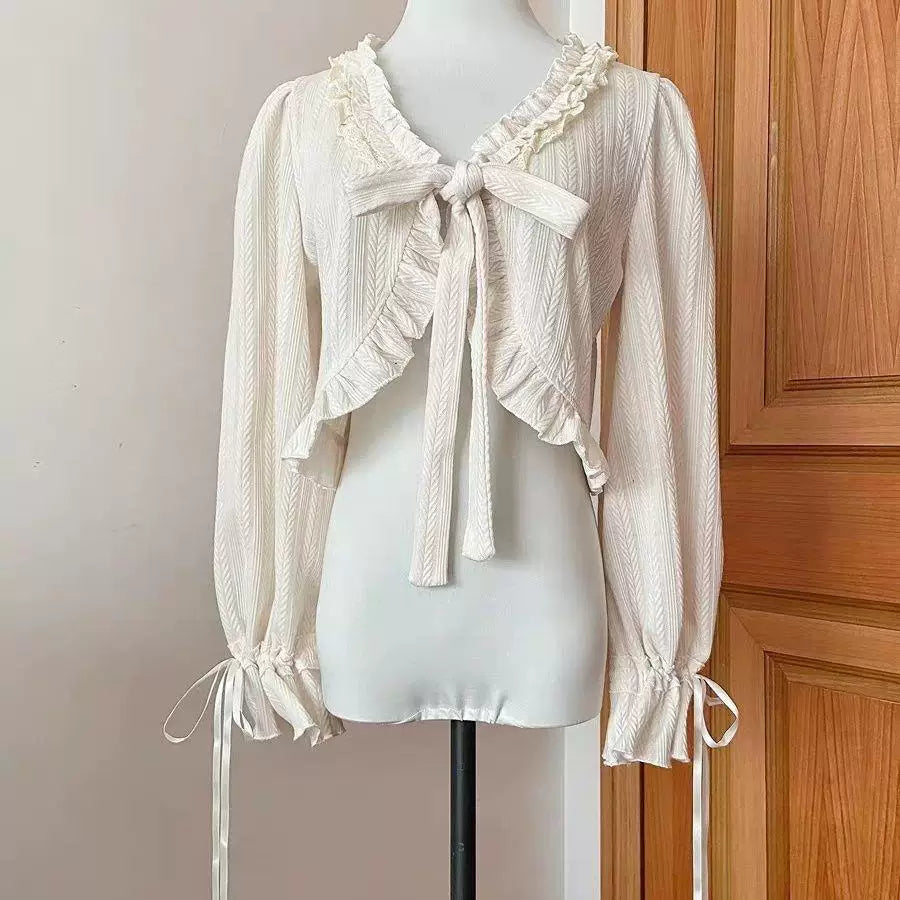 Sweetheart Dream Machine - Apple Tea - Cropped knit cardigan with ruffled balloon sleeves