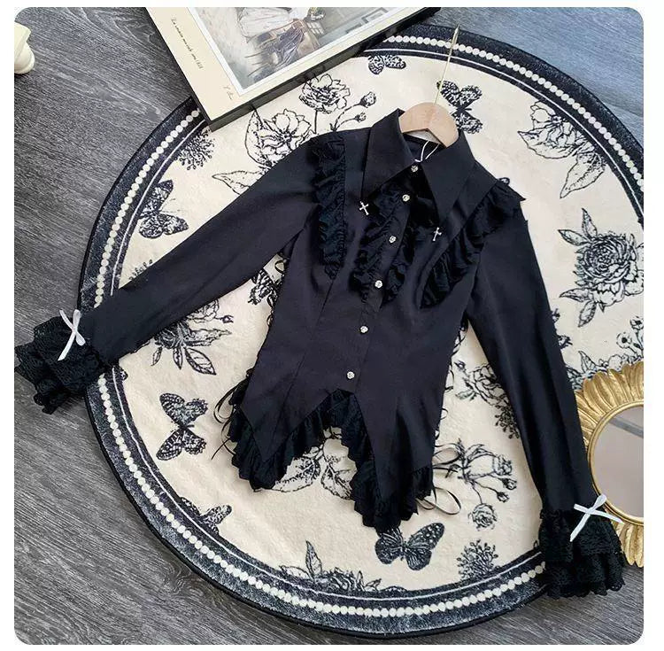 Long-sleeve waist-cinched button-up blouse