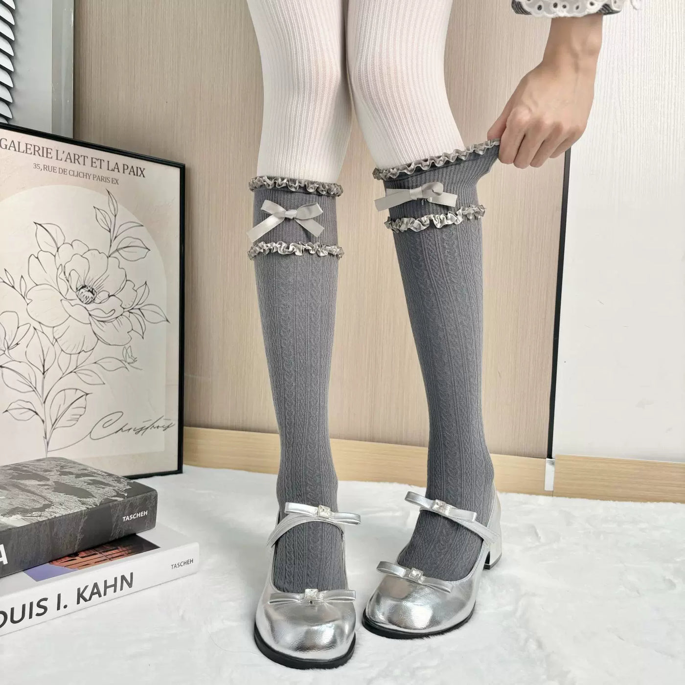 Fantasy Doll - Heart Knit Layers - Heart-Pattern Mid-Calf Socks with a Ruffled Bow Cuff