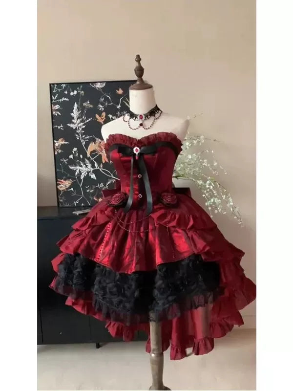 Creamy - Crimson Rose - Red Jumper Skirt with Black Bow and Long Train