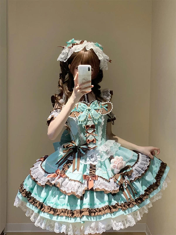 Creamy - Mint Chocolate - Lolita JSK Dress with Chocolate-Brown Ruffles