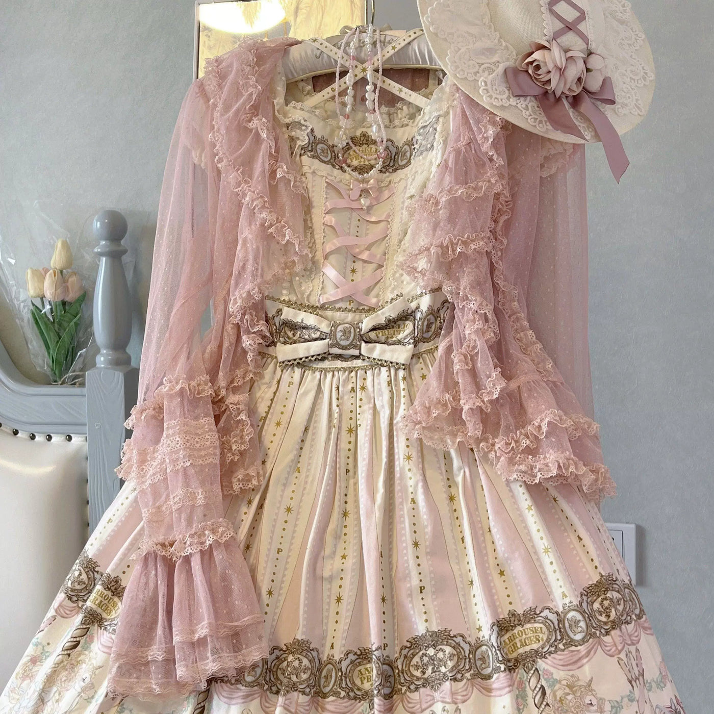 Pink straight-sleeve cropped Lolita cardigan with 3D floral applique and lace trim