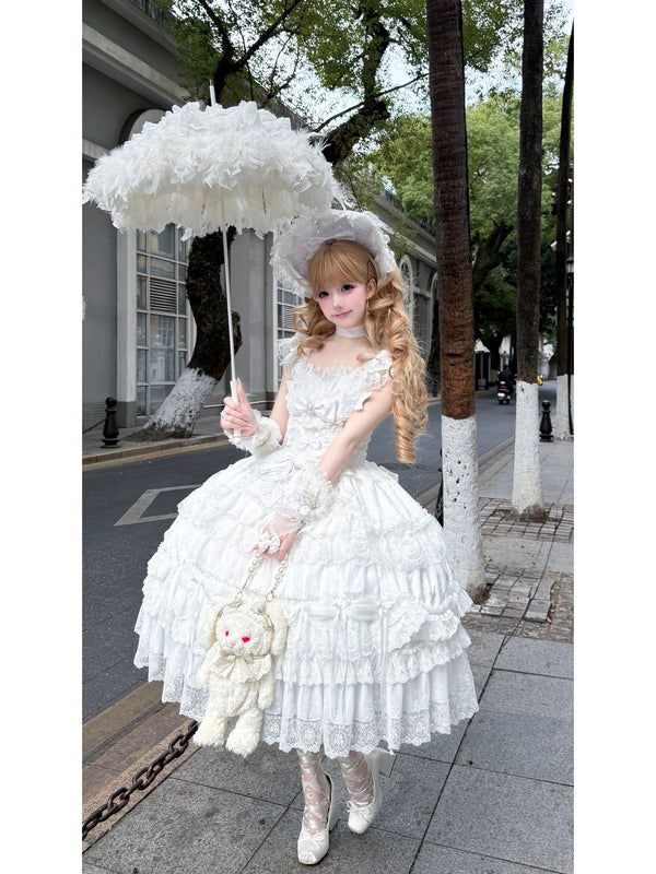 White Eternal Flower Letter JSK front view, tiered lace skirt, central waist bow detail