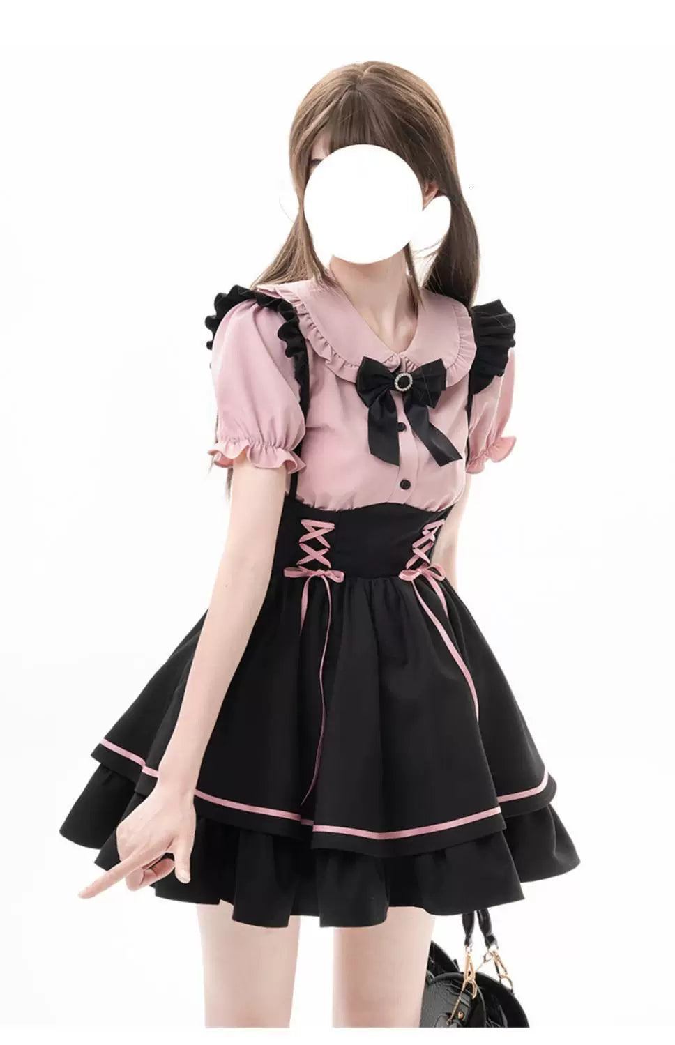 Sweetheart Dream Machine - Pink Ribbon Pinafore - Black Pinafore Dress Set with Pink Lace-Up Ribbons
