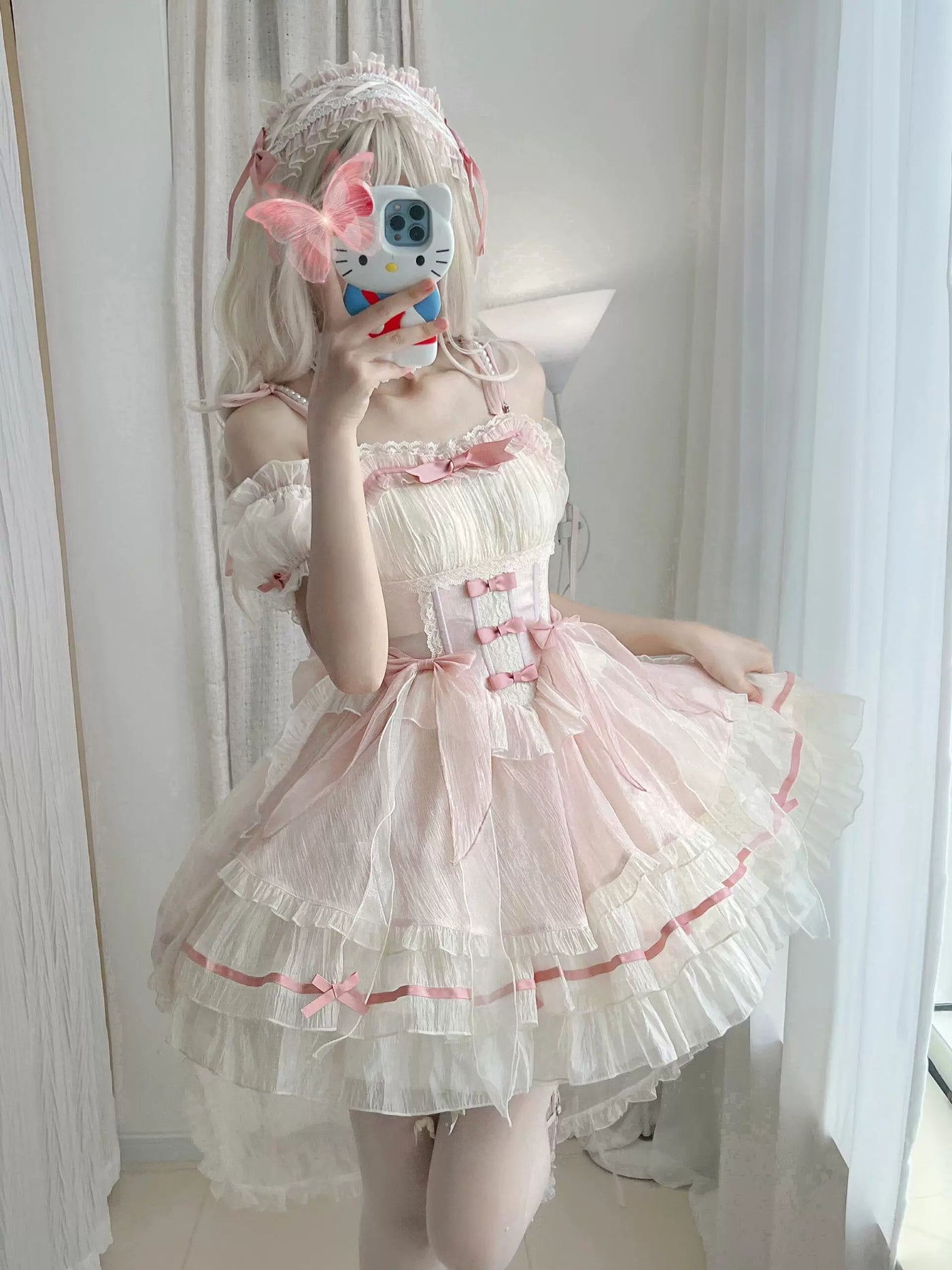 Pink Creamy ballet-inspired JSK with layered white ruffles and bows