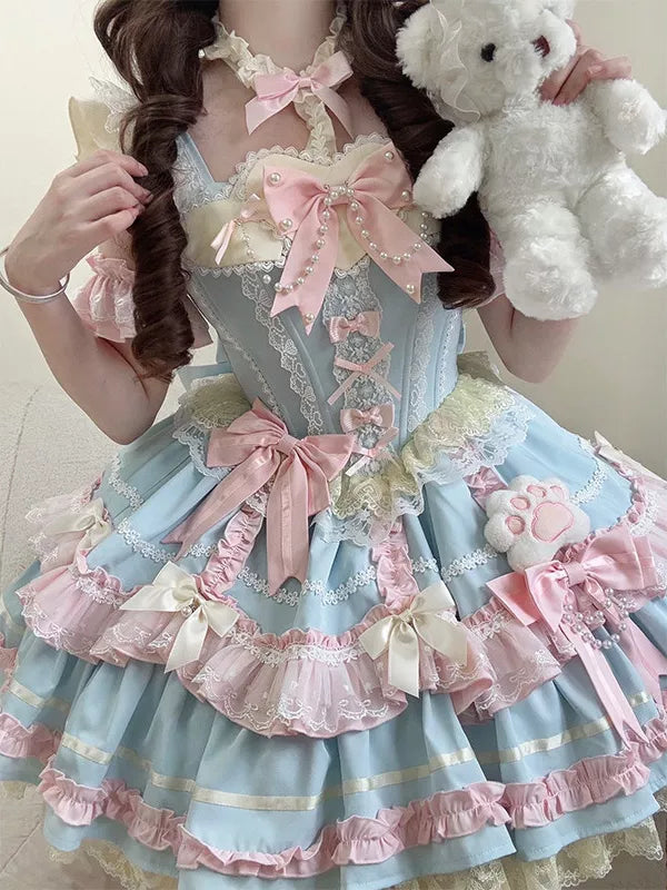 Creamy - Candy Pastel Princess - Pastel Blue-and-Pink JSK Dress Set with Layered Lace Ruffles