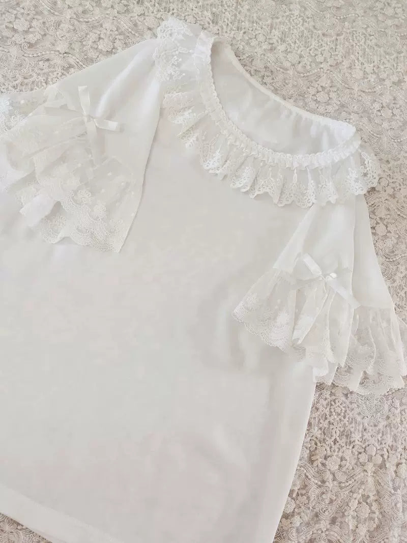Yilia - Lace Frill - Loose Short Sleeve Chiffon Blouse