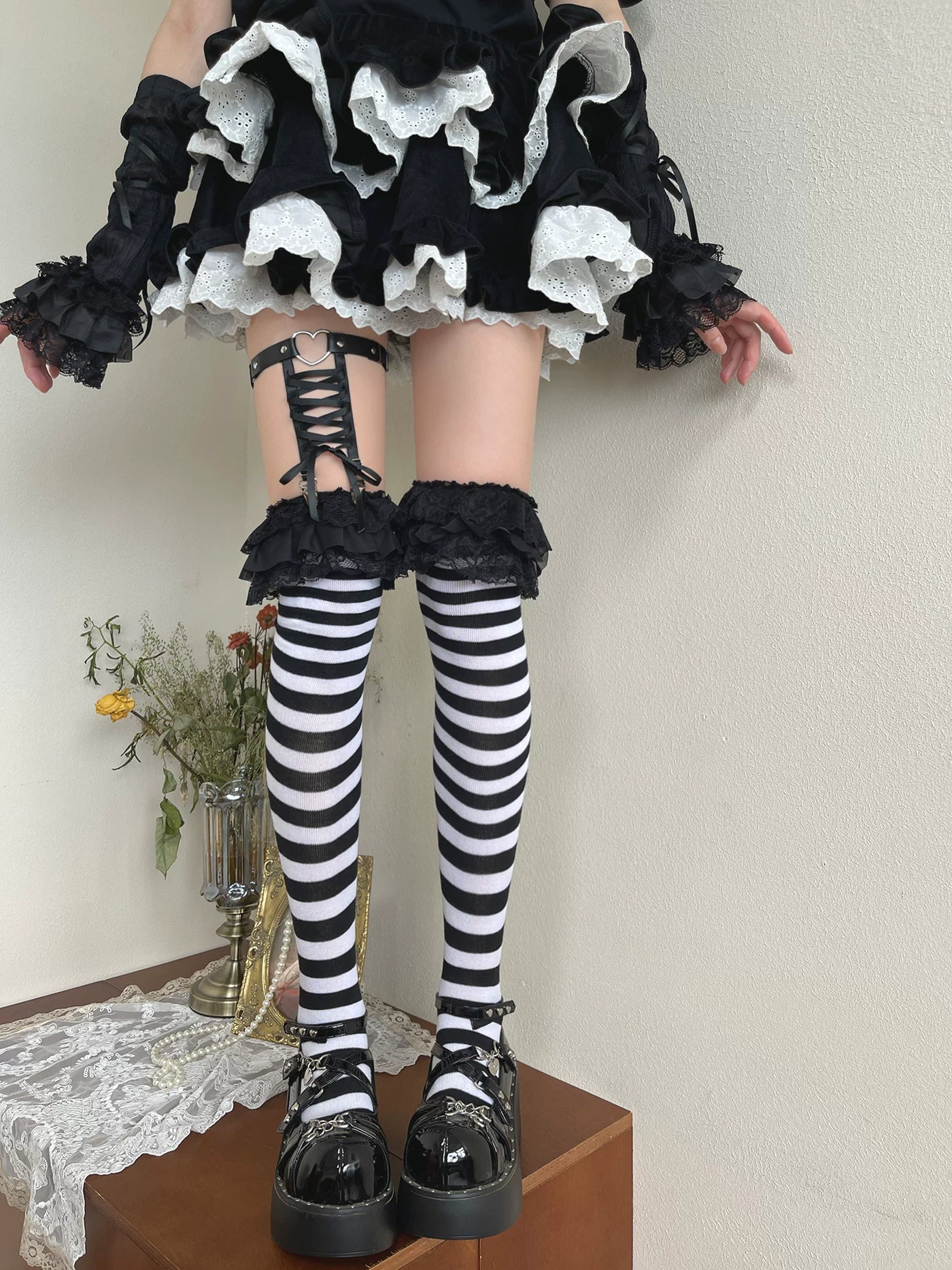 Sock Noble - Gothic Stripe - Black-and-White Over-the-knee Socks with a Clip Ring Variant