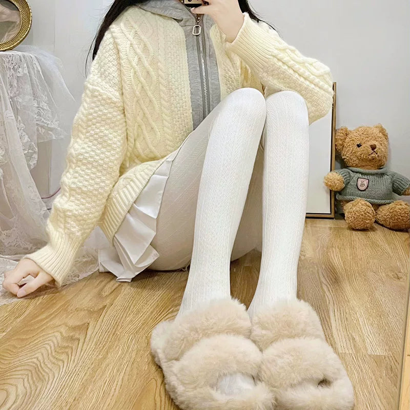 Milky white no-fleece cable knit opaque Lolita tights