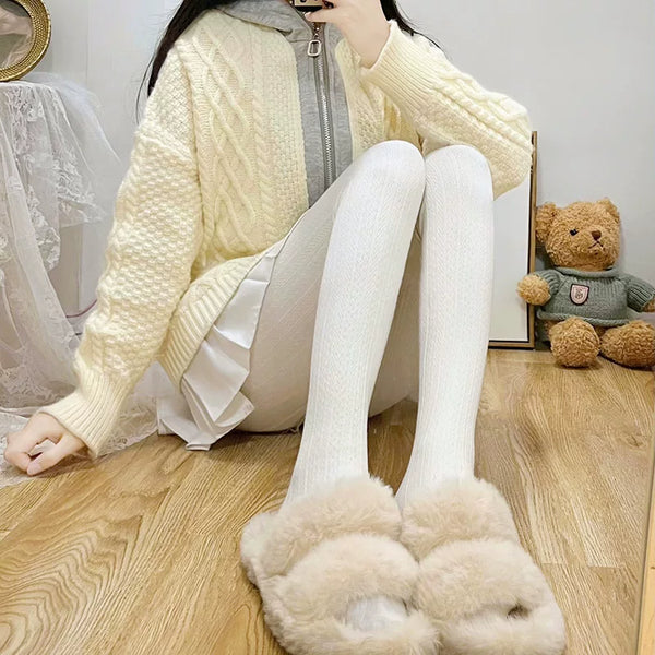 Milky white no-fleece cable knit opaque Lolita tights