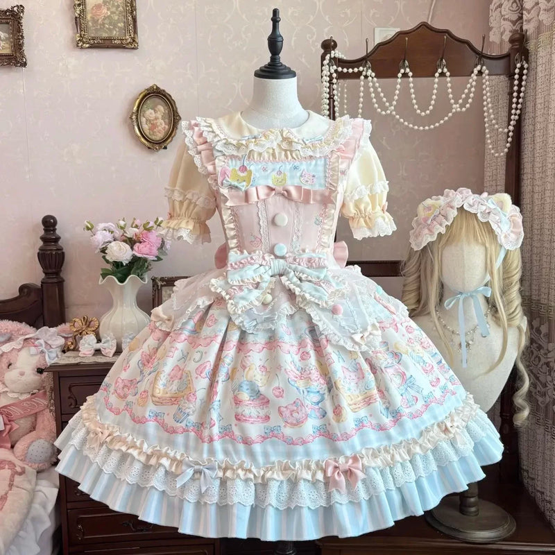 Salty Dots - Sweet Lolita Dessert Print - One-piece dress with tiered
