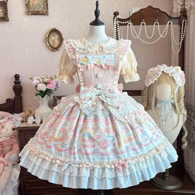 Salty Dots - Sweet Lolita Dessert Print - One-piece dress with tiered