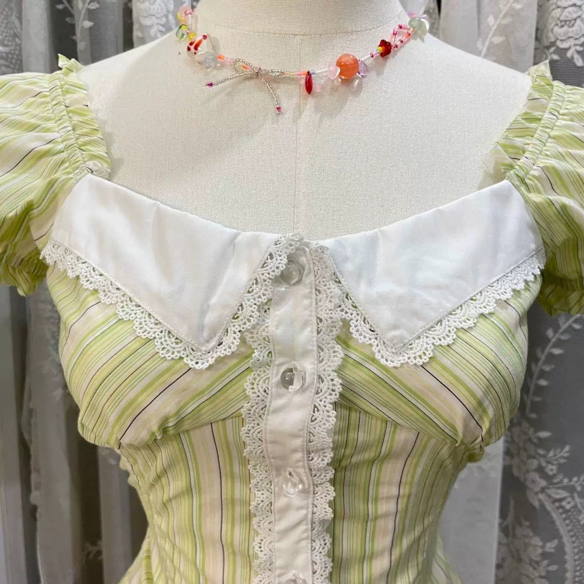 Sweetheart Dream Machine - Vintage Stripe - Green Striped Short-Sleeve Top with Lace Collar