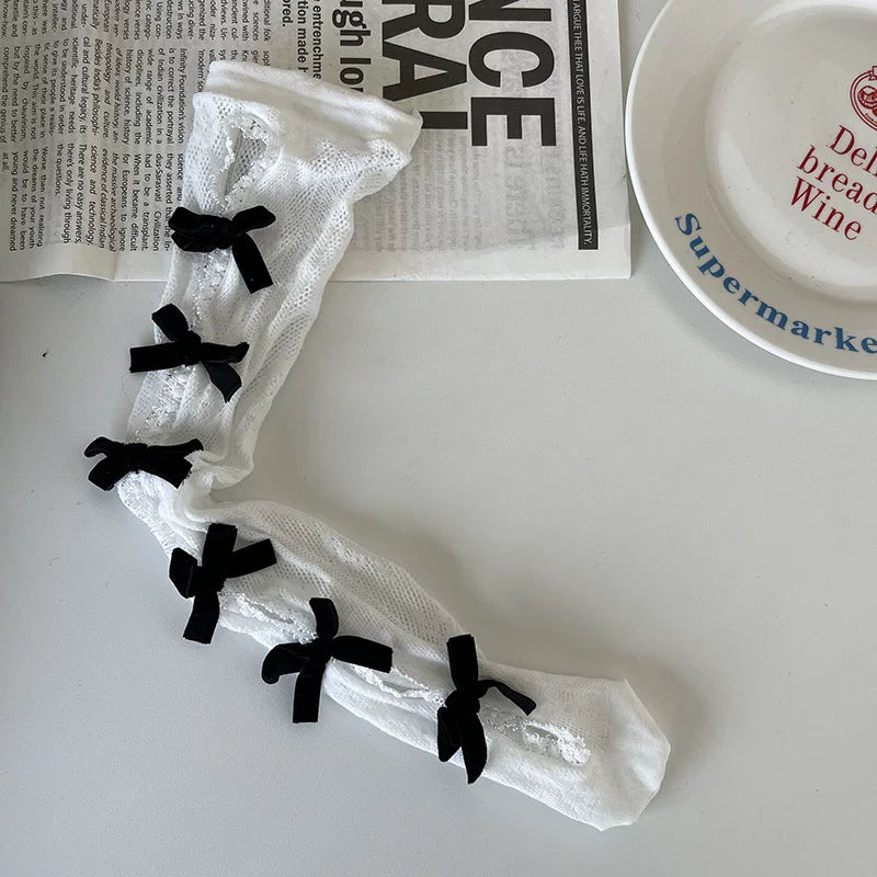 Sock Noble - Gothic Bow Lace - Mid-Calf Slouch Socks with Openwork Lace