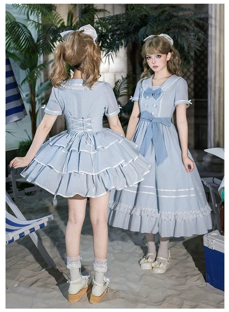 With PUJI - Seven-Day Bell - Blue Classic Lolita Striped OP Dress, Sailor Collar