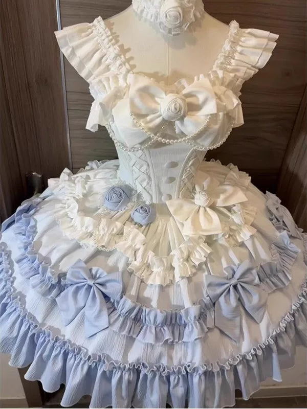 Gradient blue sweet lolita JSK with train and corset bodice