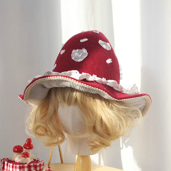Burgundy Pointed Mushroom Mini Lolita Hat — Burgundy Mushroom Hat - 56-59 cm