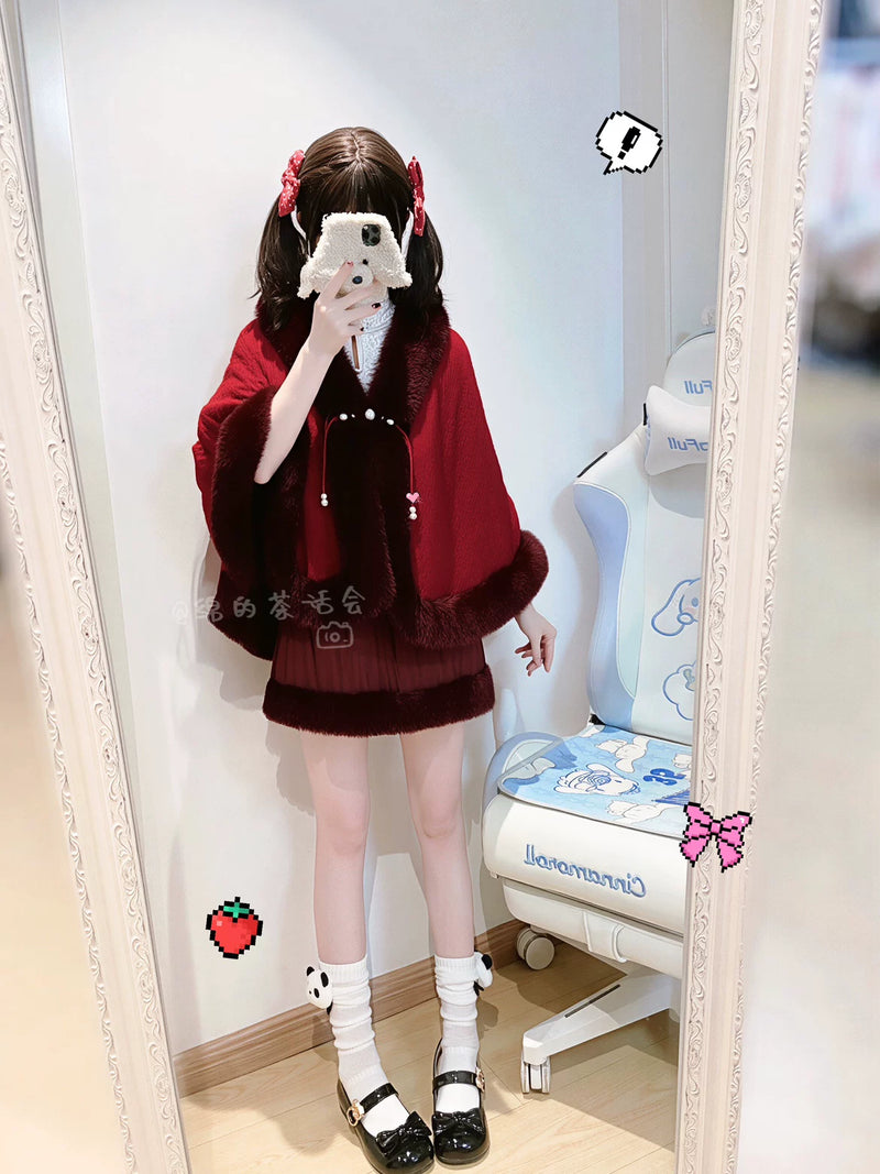 Mian Plush Cropped Lolita Shawl - Regular & Thick Versions — Deep Burgundy - Extra Thick