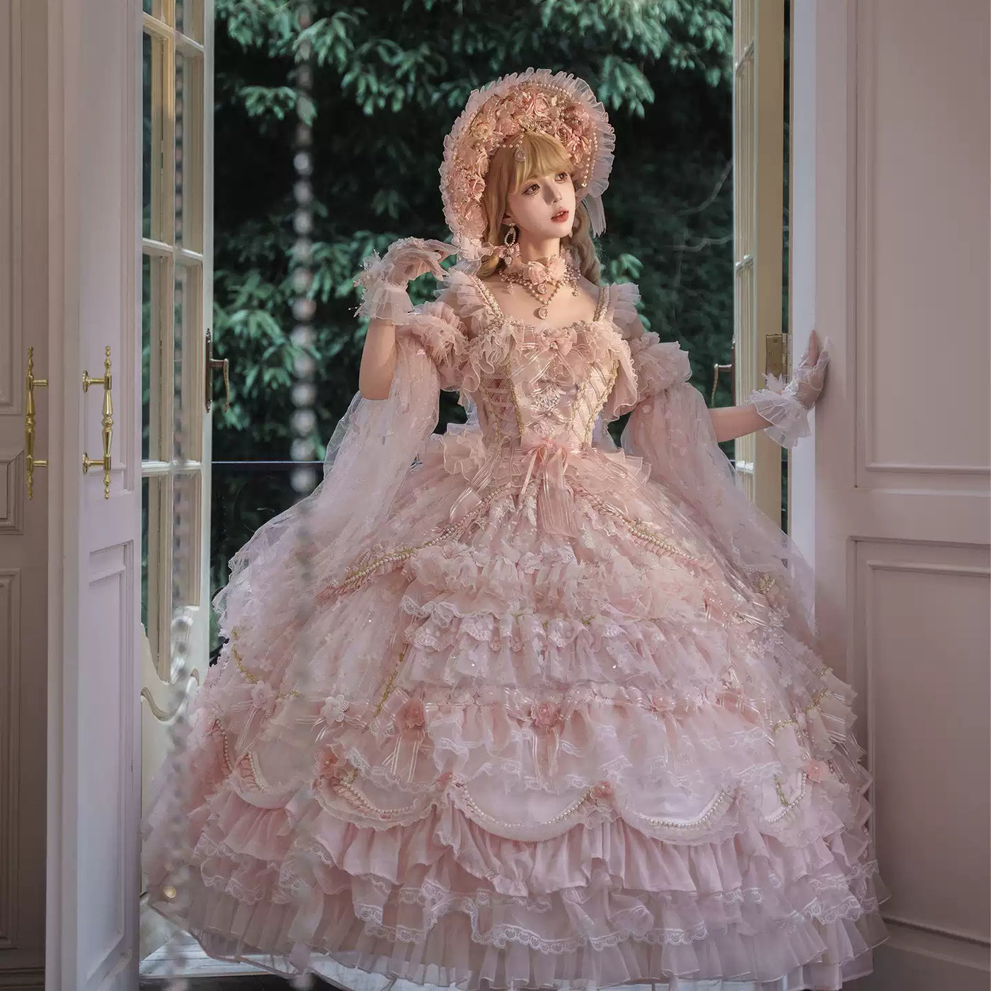 Cat Fairy - Princess on the Run - Blush-Pink JSK with Tiered Ruffles and Floral Lace