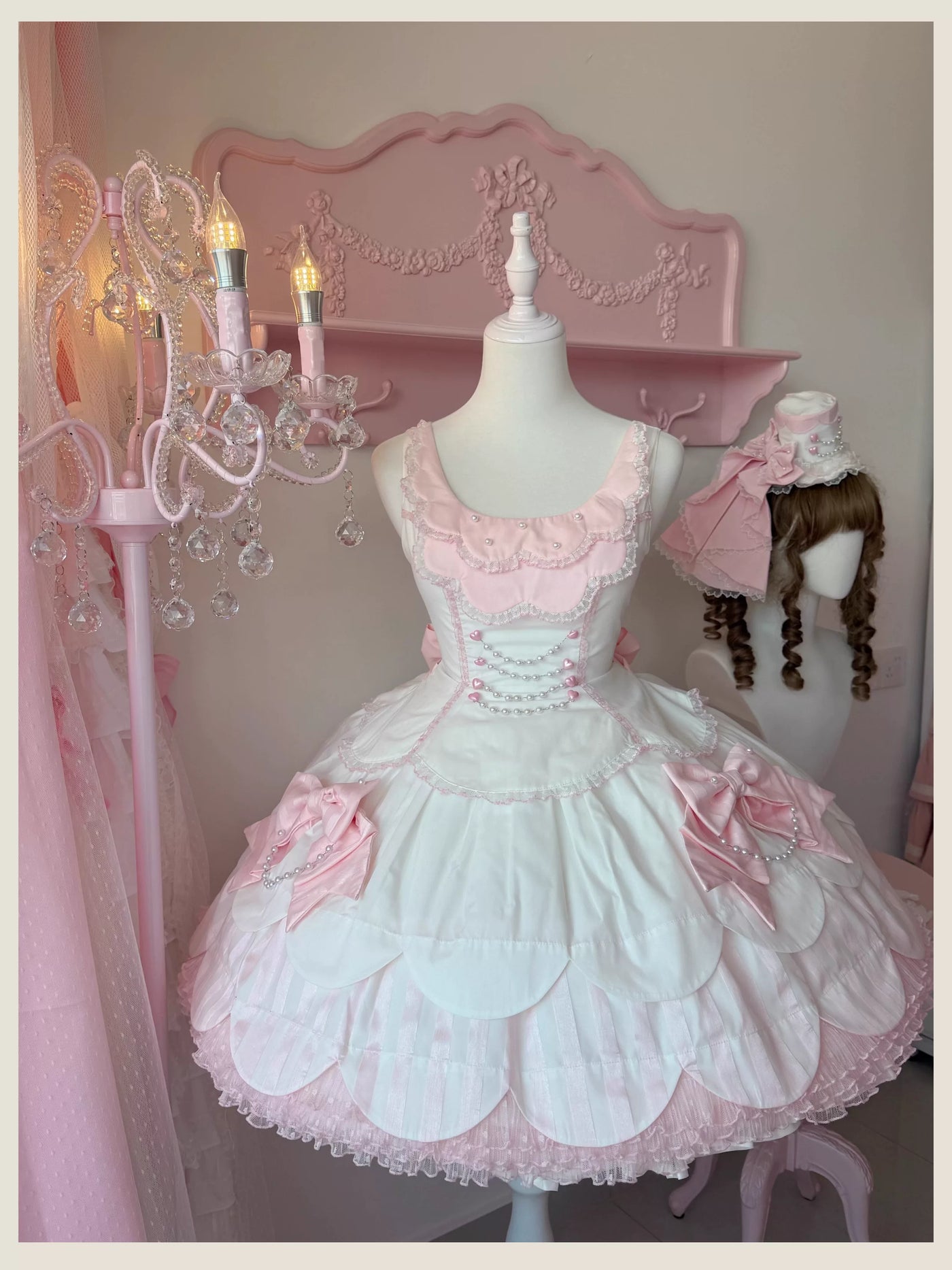 Tata Long Ear - Pearl Princess - White-and-Pink JSK Dress with Pearl Details and Scalloped Layers