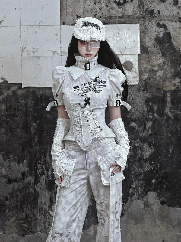 BLOOD SUPPLY: Asylum Distressed Suede Asymmetric Waist Corset, product view 2