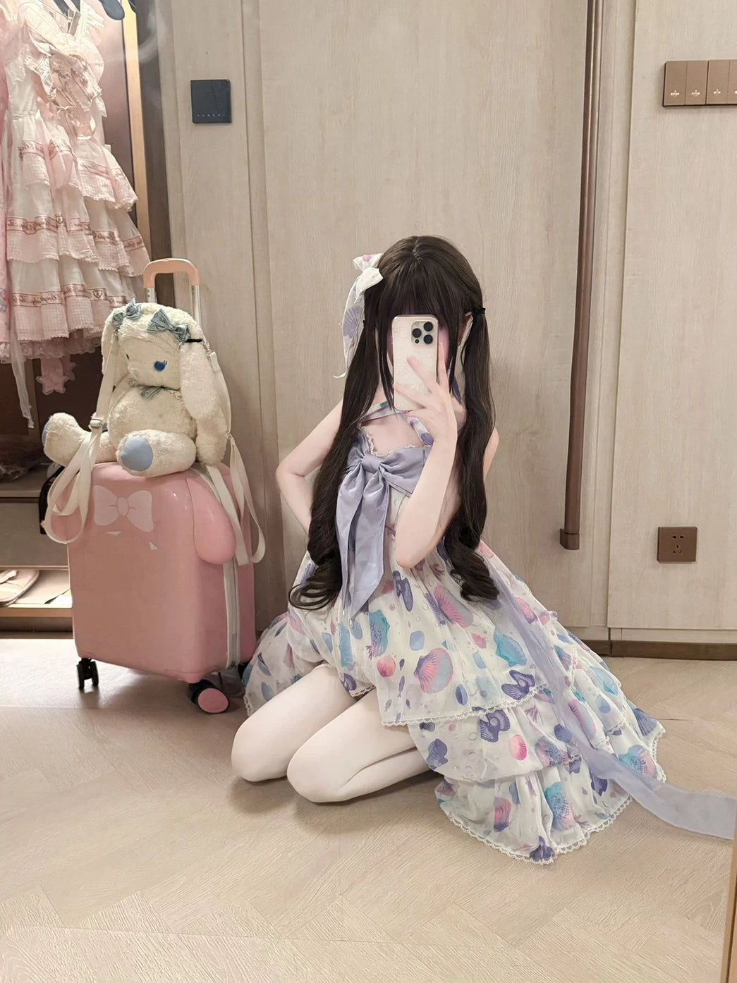 Creamy - Pastel Shell Print - White JSK dress with shell motifs and a large purple bow