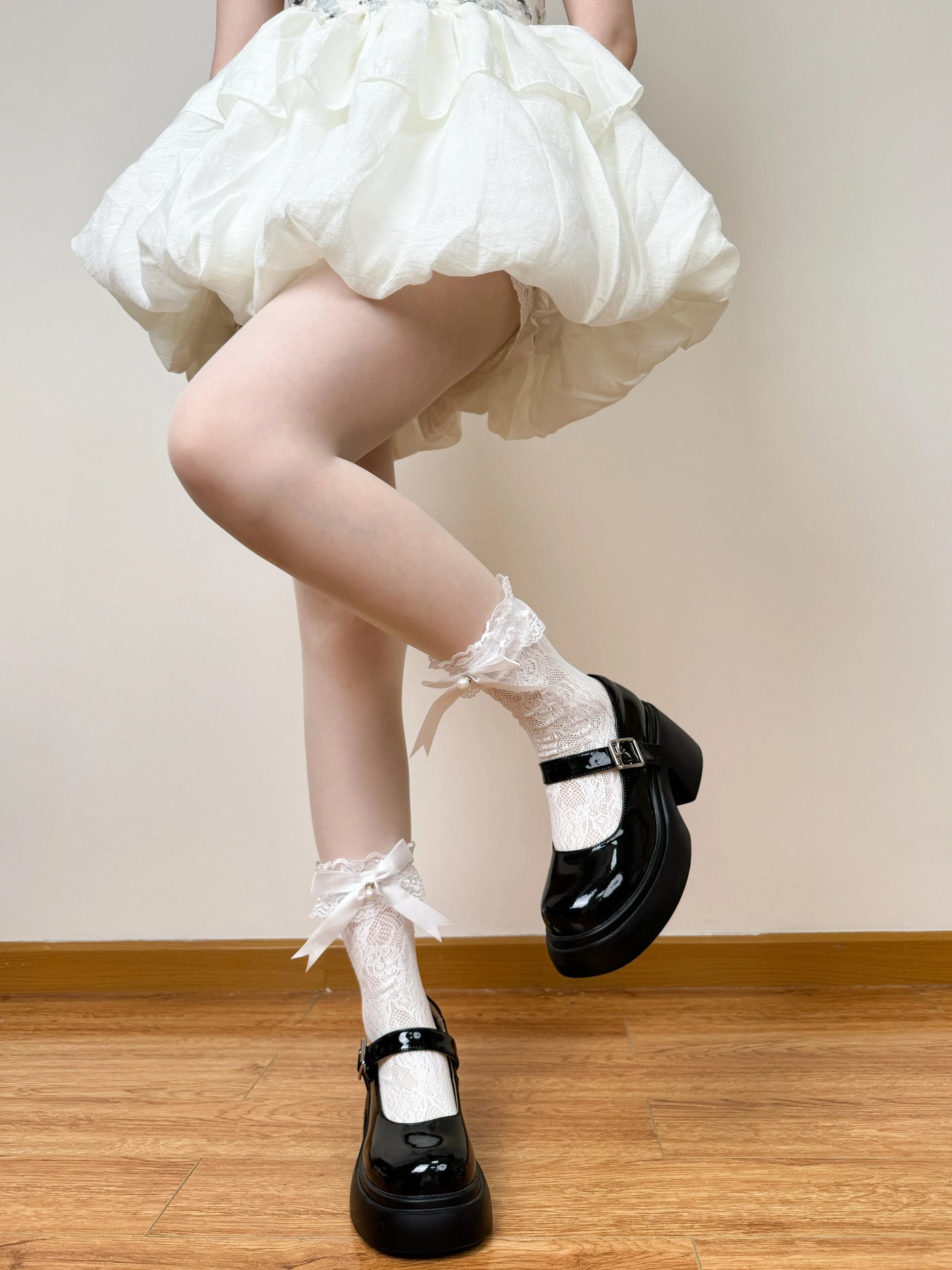Chubby Bear Tales - Jennifer - Mid-Calf Socks with Openwork Lace and Ribbon Bows