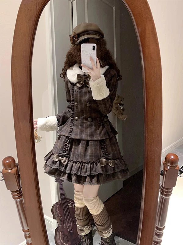 Creamy brown plaid Lolita Fashion set with bow-detailed outerwear and tiered skirt