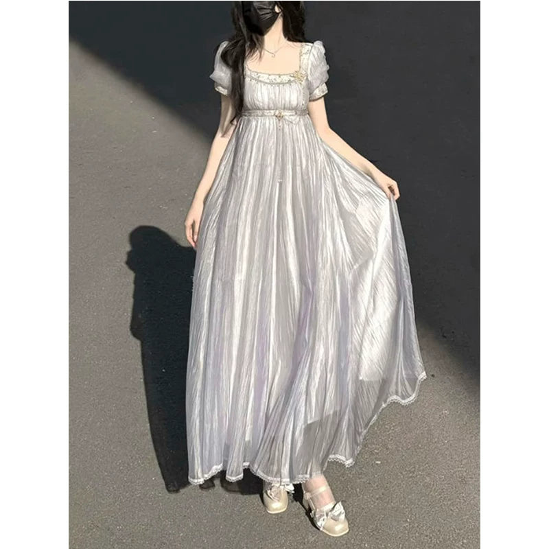 Creamy - Purple Courtly Empire - Purple Lolita Dress with Short Puff Sleeves
