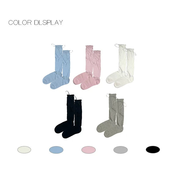 White Socks - Bow-Tie Slouch - Ruffle-Edge Mid-Calf Socks with Tie Details