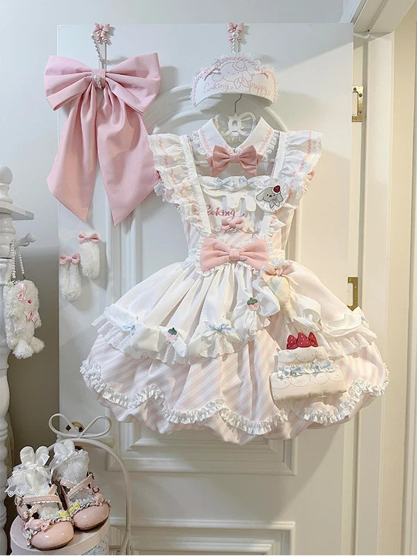 Creamy - Pink Stripe Princess - Lolita Dress Set with Ruffled Apron