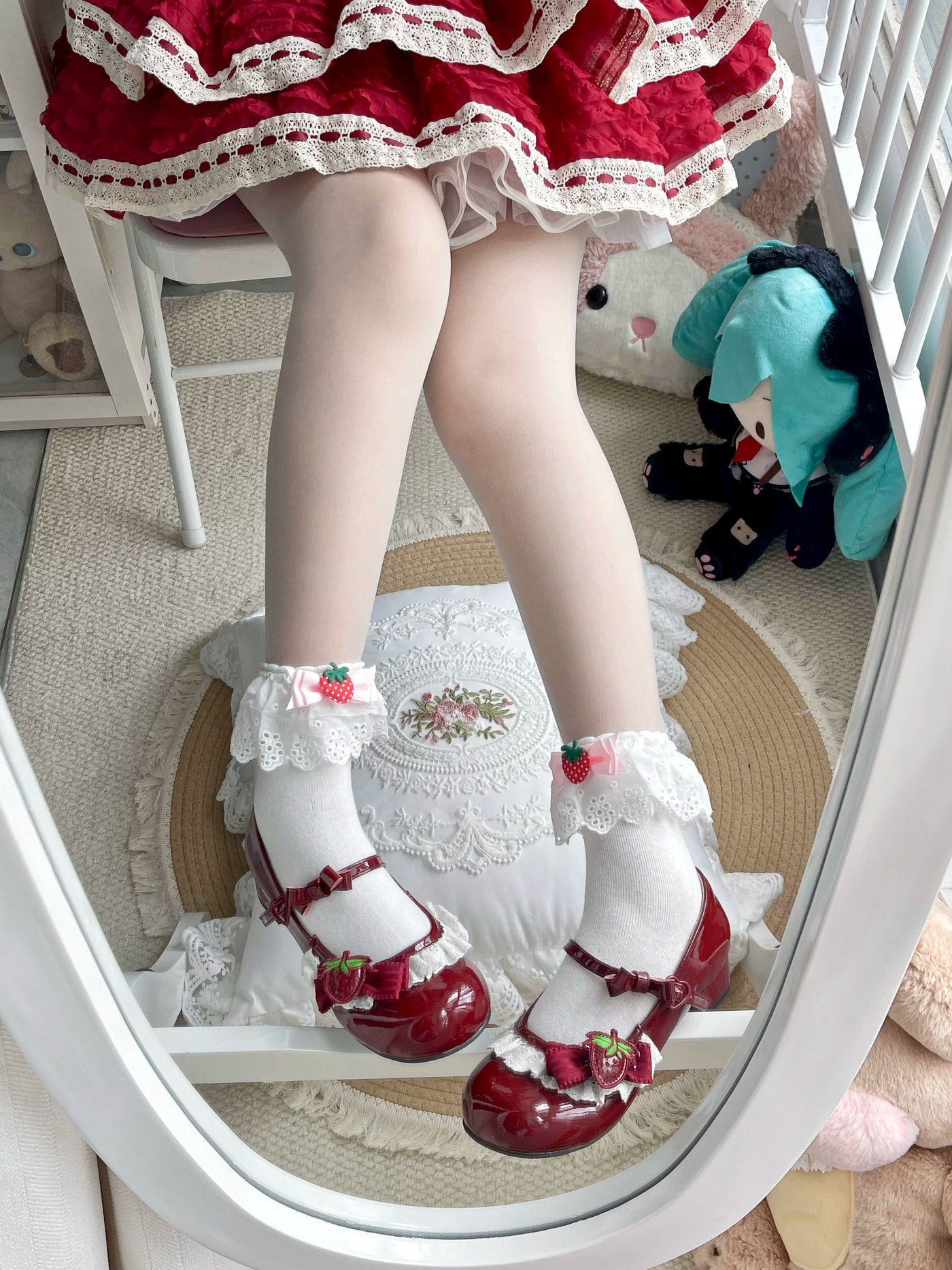 Fantasy Doll - Strawberry Bow - Mid-Calf Socks with lace trim and strawberry accents