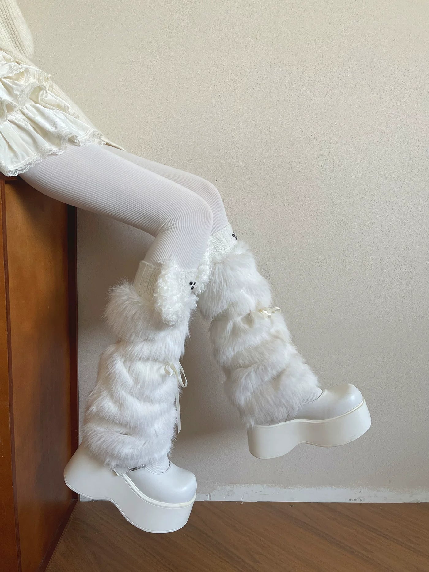 Sock Noble - Big-Eared Dog Layers - White sock covers and fine-striped pantyhose with optional fur trim