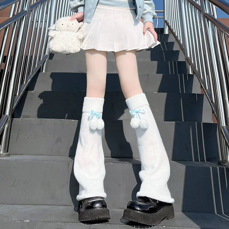 Floral Milk Cat - Pom-Pom Slouch - Socks with Long Knit Leg Warmers and Pom-Pom Accents