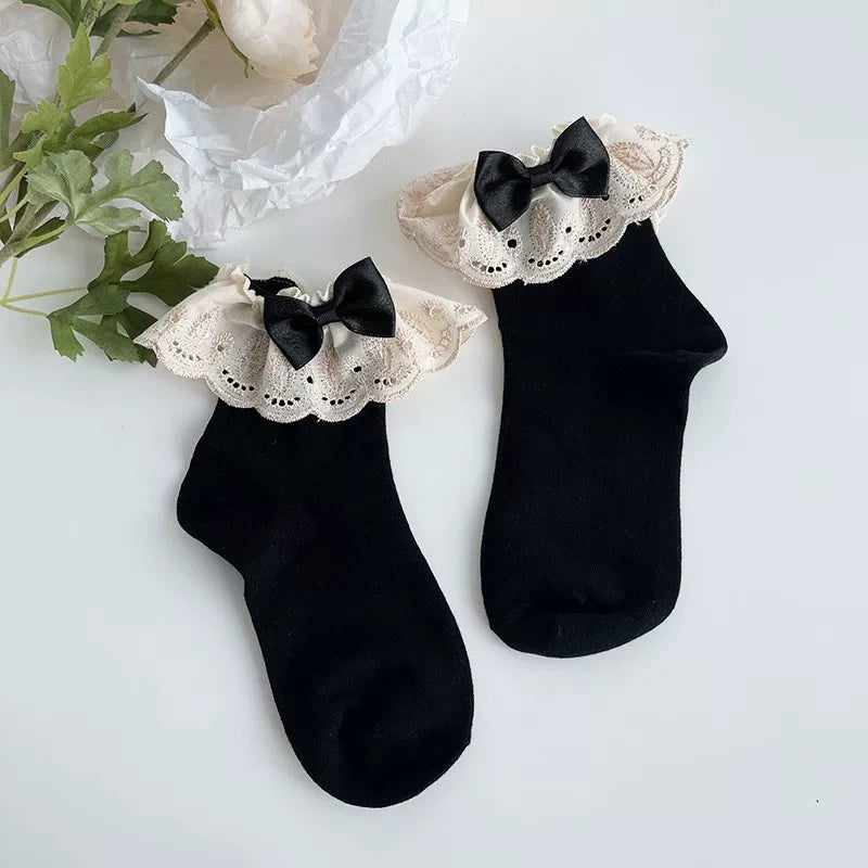 Sock Noble - Baroque Butterfly - Cotton Short Socks with Champagne-Gold Lace Trim