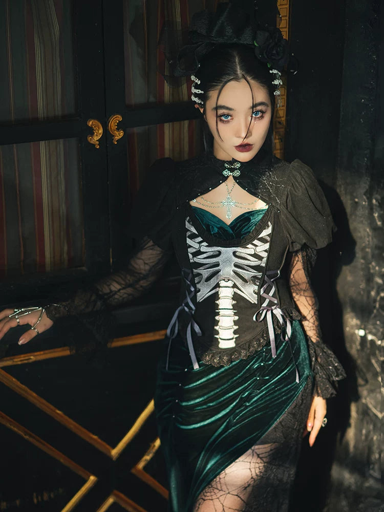 Dark-green fishtail qipao dress with a skeleton-motif bodice and lace sleeves