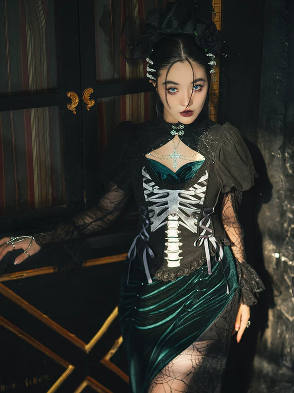 Dark-green fishtail qipao dress with a skeleton-motif bodice and lace sleeves